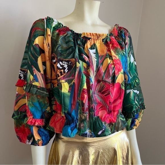 Nwt Rachel Zoe Women’s Tropical Butterfly 1/4 Sleeve Off shoulder Cropped Top L - Picture 11 of 16